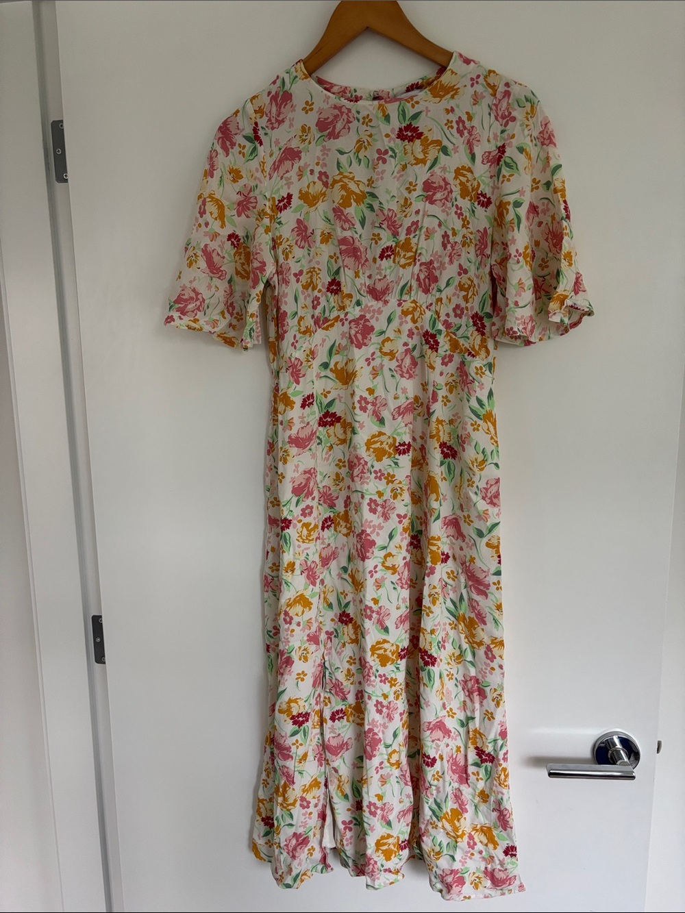 Floral Midi Dress in Cream with Pink & Yellow Flowers